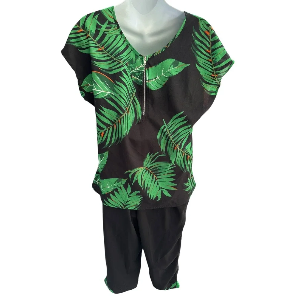 Emery‎ Rose Women's Black Green Palm Leaf Print Top & Pants Set - Size S